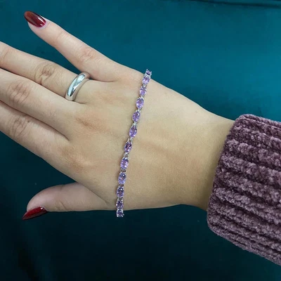 6TCW Oval Cut Lab Created Amethyst Diamond Tennis Bracelet 14k White Gold Plated - Image 1 of 4