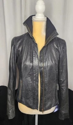 VTG Ruff Hewn Moto Grey / Black Leather Jacket Women's S  Leather Ribbed Combo  - Image 1 of 4