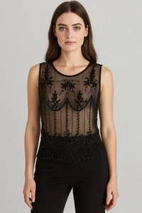 LAURA VOGEL Vintage Silk Shear Sequin Beaded Scalloped Tank Top Blouse Size S - Picture 1 of 13