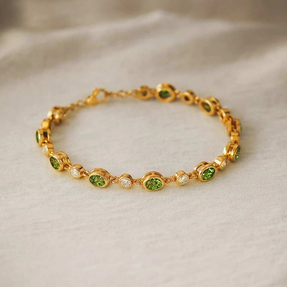 Natural Peridot & Diamond Bracelet 14K Solid Gold – August Birthstone # 1002 - Image 1 of 1