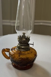 Vintage Amber Brown Glass Oil Lamp W/ Finger Loop Hong Kong 7.50" - Picture 1 of 18