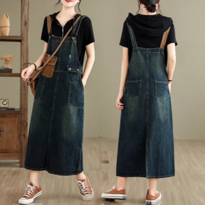 New Women's Overall A-line Dress Suspender Long Denim Skirt Casual Baggy Fashion - Picture 1 of 17
