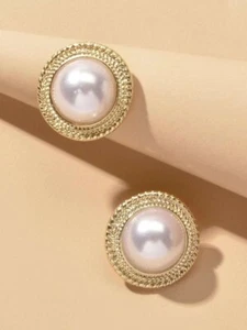 Simulated White Pearl Anniversary Stud Earrings For Women's In 10K Yellow Gold - Picture 1 of 3