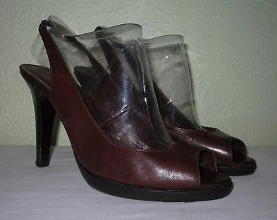 WOMENS BROWN LTHR UNISA BRAZIL PEEP-TOE SLINGBACK HEELS US 7.5 M EU 37.5 38 38.5 - Image 1 of 4