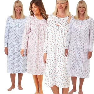 Ladies Nightdress Long Sleeve Cotton Or Fleece Nightwear Nighty Nightie Chemise - Picture 1 of 23