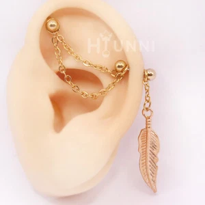16g 14g Feather double chain industrial piercing earring, Double chain 2 studs - Picture 1 of 6