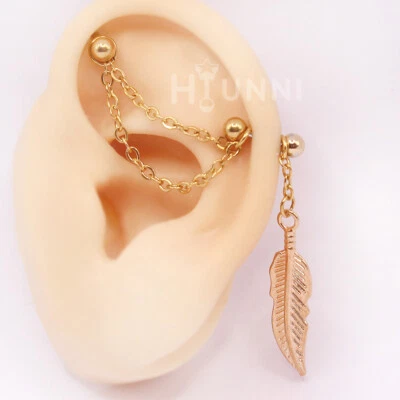 16g 14g Feather double chain industrial piercing earring, Double chain 2 studs - Image 1 of 4