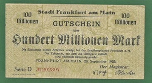 03 282 Notgeld Stadt Frankfurt a.M. 100 Millionen Mark, 28.9.1923, Serie D, Nr r - Bild 1 von 2