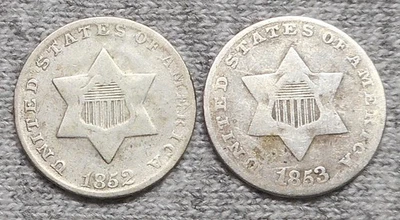 Lot Of 2 Three Cent (3c) Silver Coins - 1852 & 1853 - Image 1 of 2