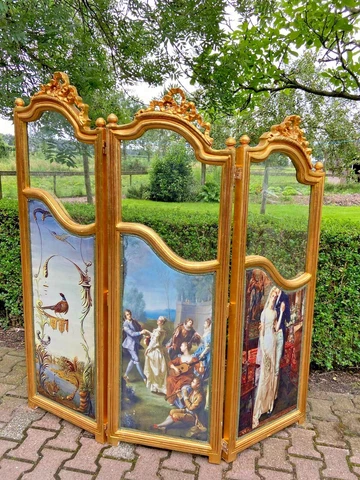1990's French Louis XVI Screen / Room Divider in Gold Finished Beech and Scenery Cover