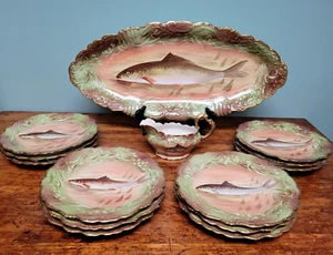 Antique Limoges France Hand Painted Porcelain Fish Plates Set of 14 Signed 1890 - Picture 1 of 10
