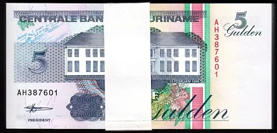 Suriname 5 Gulden 1998, AU UNC, ½ BUNDLE, Pack of 50 PCS, Consecutive, P-136b - Image 1 of 4