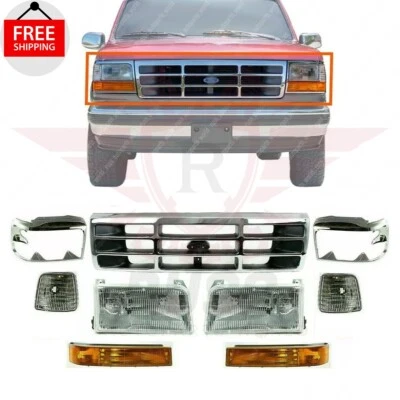 New Front Grille Chrome + Headlights Kit Fits 1992-1997 Ford Bronco F-150 F-250 - Image 1 of 4