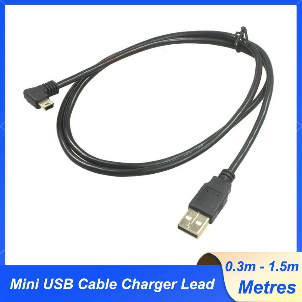 Mini USB Cable Charger Lead Male to Right Angle Mini USB Male Cable 0.3m - 1.5m - Image 1 of 4