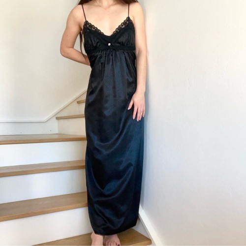 Abito Christian Dior Vintage Maxi Pizzo Pois Spaghetti Strap Nero Slip Med