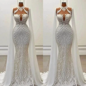 Weiß Perlenapplikation Spitze Brautkleid Mit Wickelärmel Hoher Hals Meerjungfrau - Bild 1 von 7