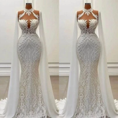 Weiß Perlenapplikation Spitze Brautkleid Mit Wickelärmel Hoher Hals Meerjungfrau - Bild 1 von 4