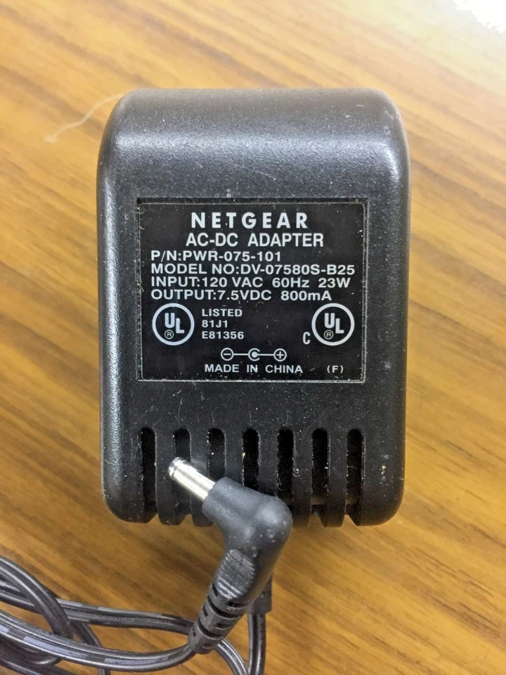 NETGEAR DV-07580S-B25 PWR-075-101 7.5VDC 800mA AC ADAPTER - Image 1 of 1