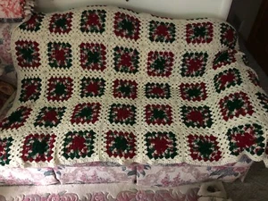 Vintage Handmade Granny Square Crochet Green Maroon Afghan Christmas Gift Pre-Ow - Picture 1 of 2