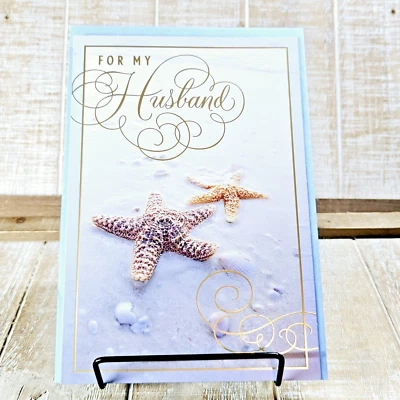 Tarjeta de felicitación Hallmark Día del Padre para esposo estrella de mar playa azul dorado Foto 1 de 4