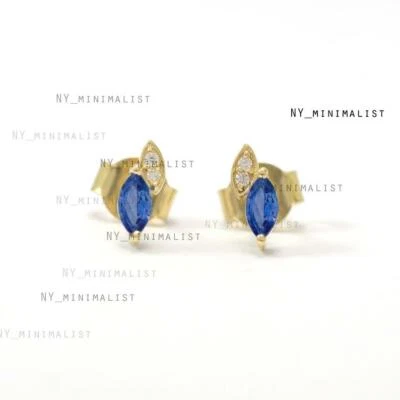 Aretes de diamantes con piedras preciosas de zafiro azul talla marquesa de oro amarillo sólido de 14 K Foto 1 de 4