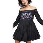 Free People Sunbeams Floral Embroidery Black Off Shoulder Tunic Dress XS NWT