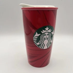 Starbucks 2014 Sirena 12 Oz Tazza Vetro Rosso Ceramica Coperchio Tazza Caffè - Foto 1 di 15