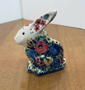 Polnische Keramik Hase Kaninchen Figur Unikat 3291 blau Blumen Regal Sitter - Bild 1 von 9
