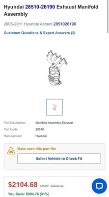 Conjunto de colector de escape original 28510-26190 2005-2011 Hyundai Accent Kia Rio Foto 1 de 4