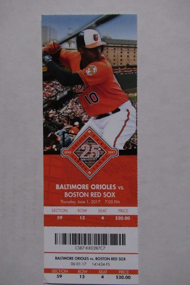 ORIOLES VS RED SOX 6/1/2017 FULL TICKET ~ TRUMBO/DAVIS/JONES/SCHOOP+ HRs - Image 1 of 1