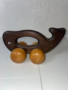Vintage Wooden  Whale Toy with Big Wheels Pull Toy Back Massager. Great Toy 