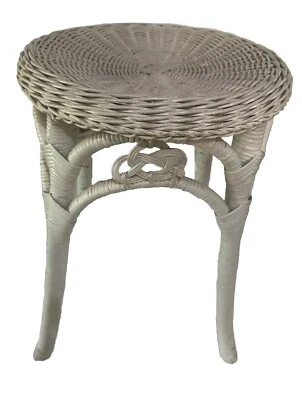 Vintage Wicker 4 Leg Vanity Stool Bathroom Bedroom White Plant Stand Side Table - Image 1 of 4