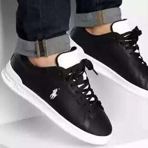 Scarpe da ginnastica uomo Polo Ralph Lauren in pelle premium tutte le taglie UK nere bianche RLHC2BW - Foto 1 di 12