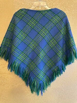 Poncho Mantón De Colección Tejido a Cuadros Hippie Boho Años 50’s-60’s Azul Verde Mujer’s Foto 1 de 4