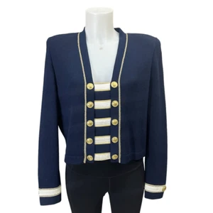 St. John Striped Navy Cropped Cardigan Blazer sz 6 Gold Chunky Buttons Nautical - Picture 1 of 10