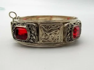 Vtg Solid Silver Middle Eastern Hinged Bangle Bracelet Red Glass Text Script Pan - Picture 1 of 5