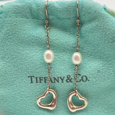 Pendientes colgantes Tiffany & Co. corazón abierto perlas plata Elsa Peretti 2,7 g Foto 1 de 4