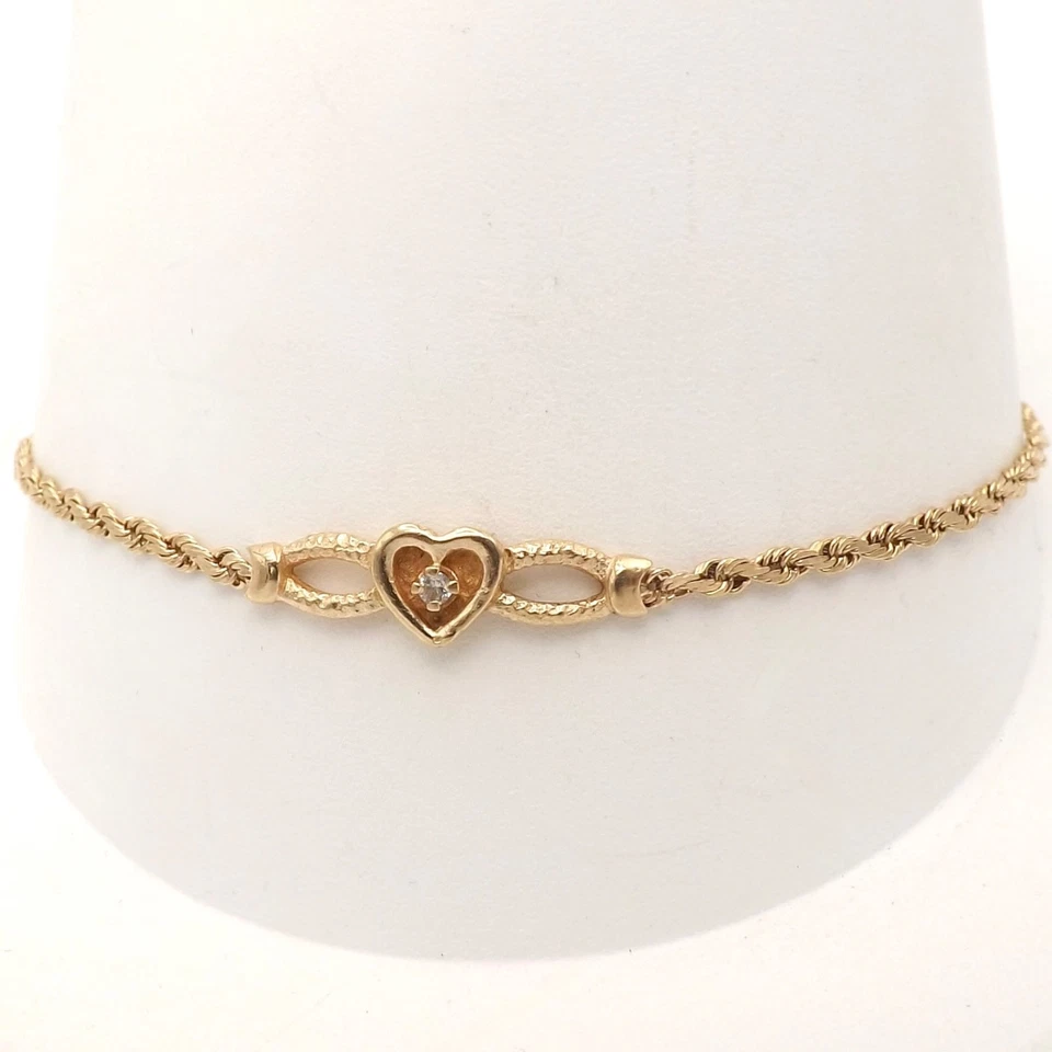 Твердый 14k золото Infinity сердце бар браслет натуральный бриллиант веревки ссылка 7 дюймов - Изображение 1 из 4