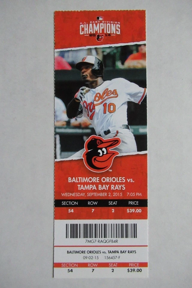 BALTIMORE ORIOLES VS RAYS 9/2/2015 FULL TICKET ~ LONGORIA/DAVIS (2 HRs EACH) - Image 1 of 1