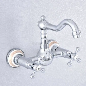 Chrome Wall Mounted Swivel Spout Bathroom Sink Faucet Double Handle Mixer Tap - Picture 1 of 9