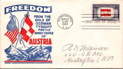 UNITED STATES 1943 WWII CACHET FDC COVER OCCUPIED NATIONS AUSTRIA ADDR & CANC - Image 1 of 2
