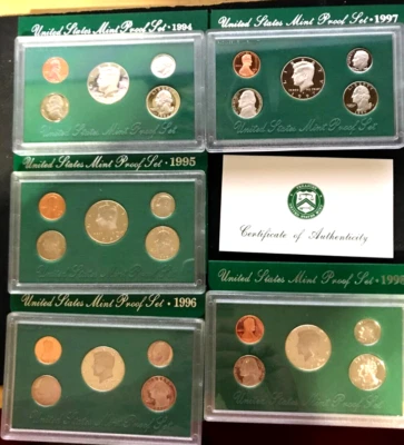 5-1994 S, 1995 S, 1996 S, 1997 S 1998 S U.S. Mint Proof Seta w COA's - Image 1 of 4