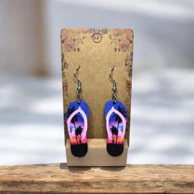 NUEVO Pendientes Chanclas de Madera Puesta de Sol Moda Foto 1 de 2