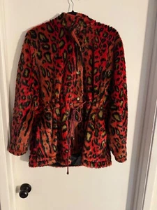 Women "Nicole Miller" red/blk, brown leopard print snap fastener coat. Size Med. - Picture 1 of 2