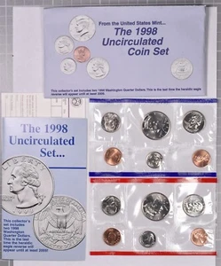 1998 U.S. Mint Uncirculated 10 Coin Set With Envelope - Picture 1 of 2
