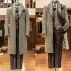 Men's Long Overcoat Peak Lapel Houndstooth Business Work Wear Wedding Groom Suit
