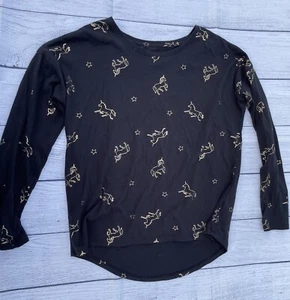 Old Navy Girl's Large (10/12) Softest Tee Black w/ Gold Unicorn Long Sleeve Top - Picture 1 of 3