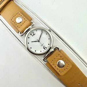 SLE Quartz Watch Womens Tan Genuine Leather Cuff White Dial Japan Movement Dress - Picture 1 of 11
