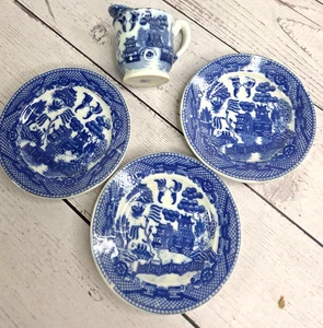 Blue Willow Saucers Pitcher Vtg Miniature Toy Tea Set China Japan 4 Pc 1950s - Picture 1 of 8