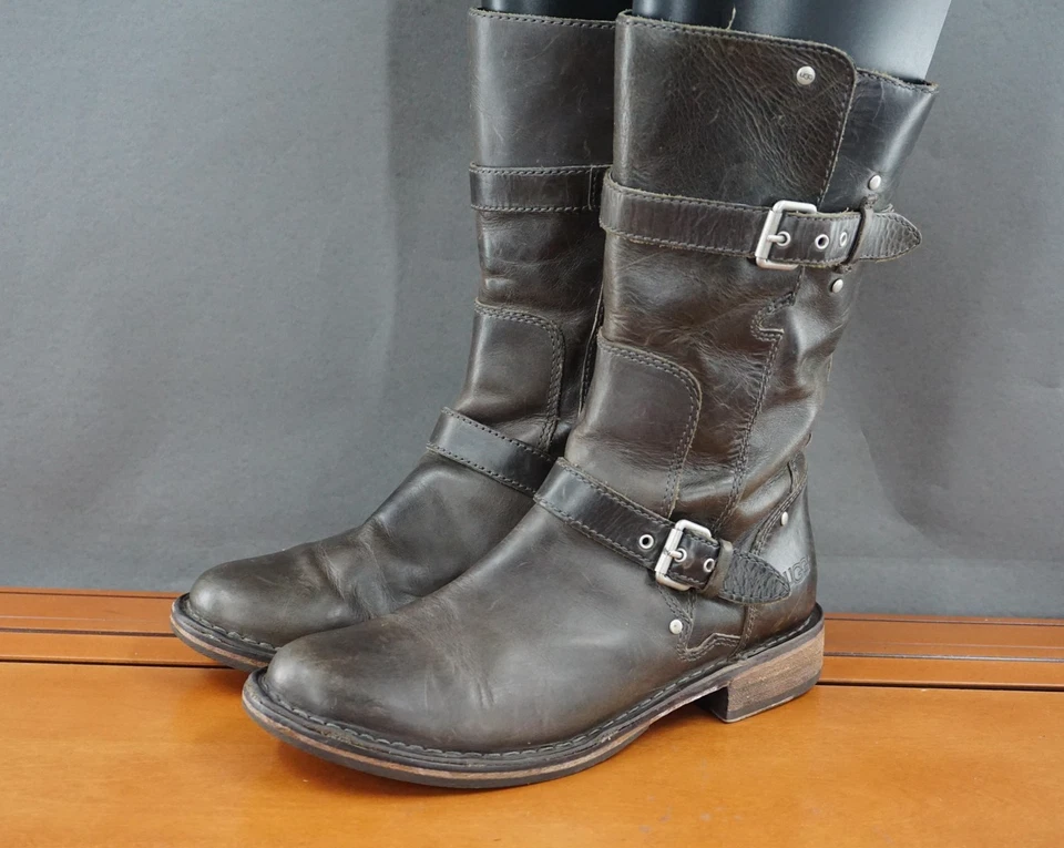 Botas UGG Mujer Talla 8 Marrón Cuero Ingeniero Moto Arnés Hebilla Cremallera Alta Foto 1 de 4